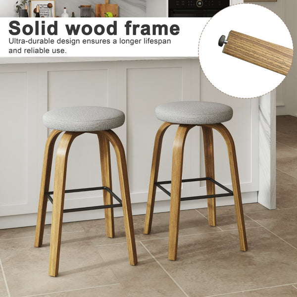 English Elm Swivel Backless Counter Stools Set of 2 with Fabric Seat Bentwood Legs Mid-century Modern Gray W3107P446889