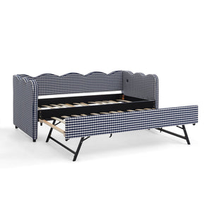 English Elm Cozy Twin Gingham Daybed with Trundle Sofa Bed, Linen Upholstery, USB Port, Wave Frame Design Navy W1413S00101