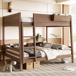 English Elm Queen Over Bunk Bed Pine Frame with Built in Shelving Detachable Vintage Style Wood W5316S00016