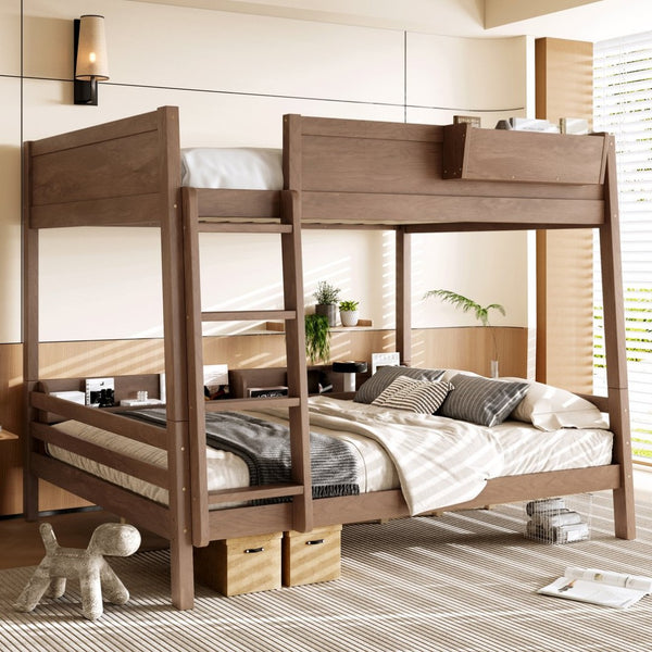 English Elm Queen Over Bunk Bed Pine Frame with Built in Shelving Detachable Vintage Style Wood W5316S00016