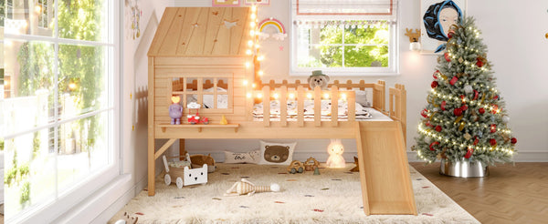 English Elm Twin Playhouse Loft Bed Solid Pine Frame with Slide Led Lights and Star Roof Natural W5316S00005