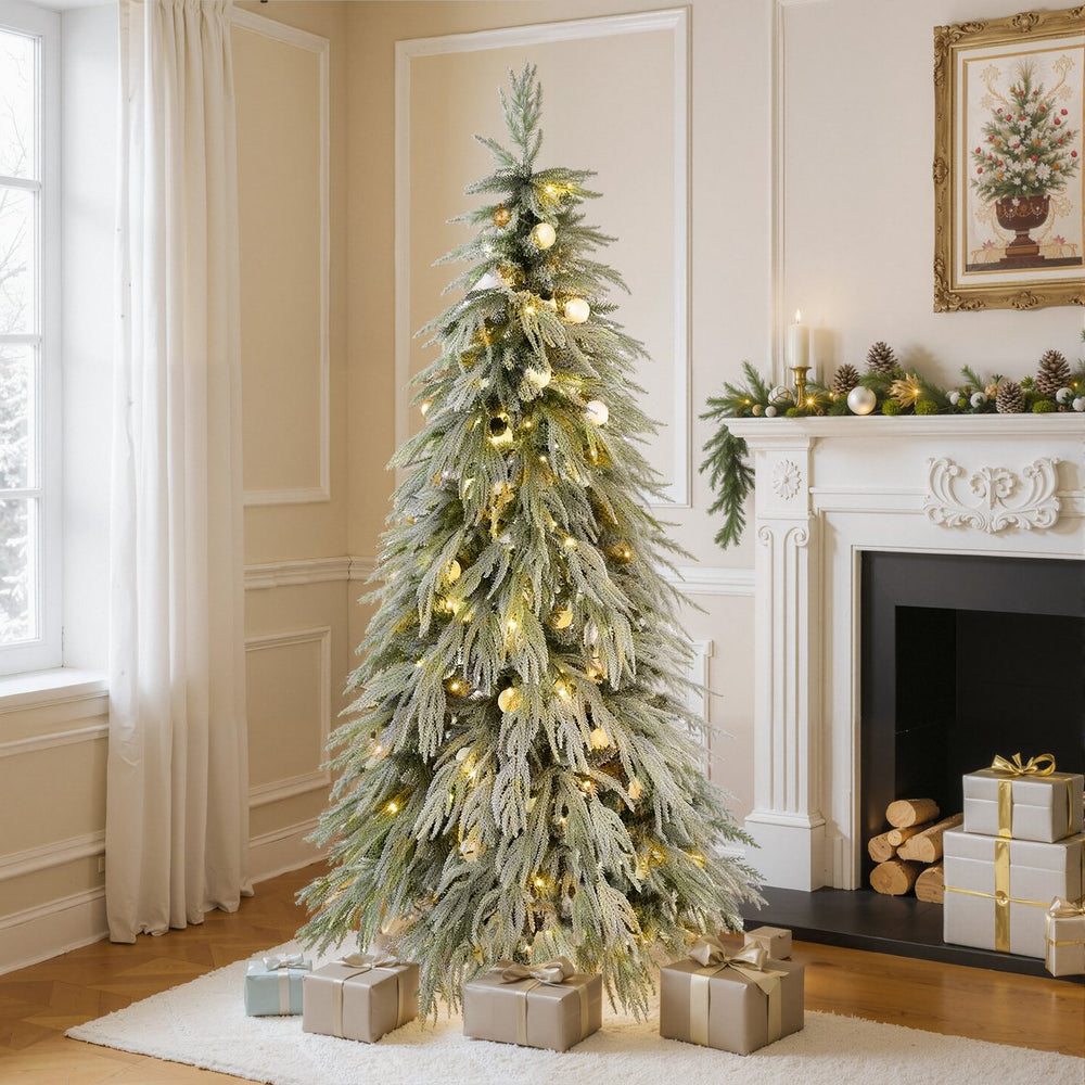 English Elm Christopher Knight Home® - 5FT Pre-Lit Spruce Snow Flocked Christmas Tree with Warm LED Lights, Lush Hinged PE/PVC Branches, Elegant Holiday Décor N769P351697W