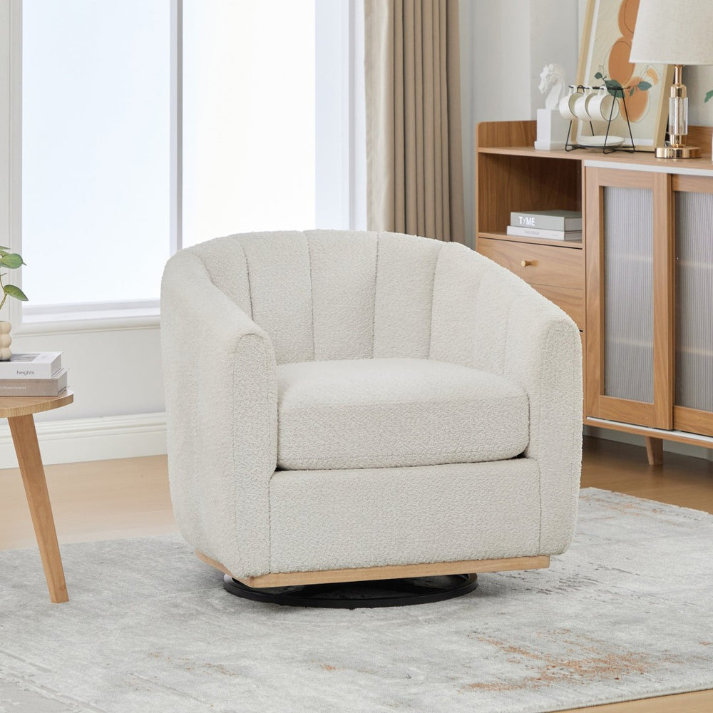 English Elm 31.89 Inch Chenille Tufted Swivel Barrel Armchair Pumpkin Sculpted Design for Living Rooms Ivory W3098P397230