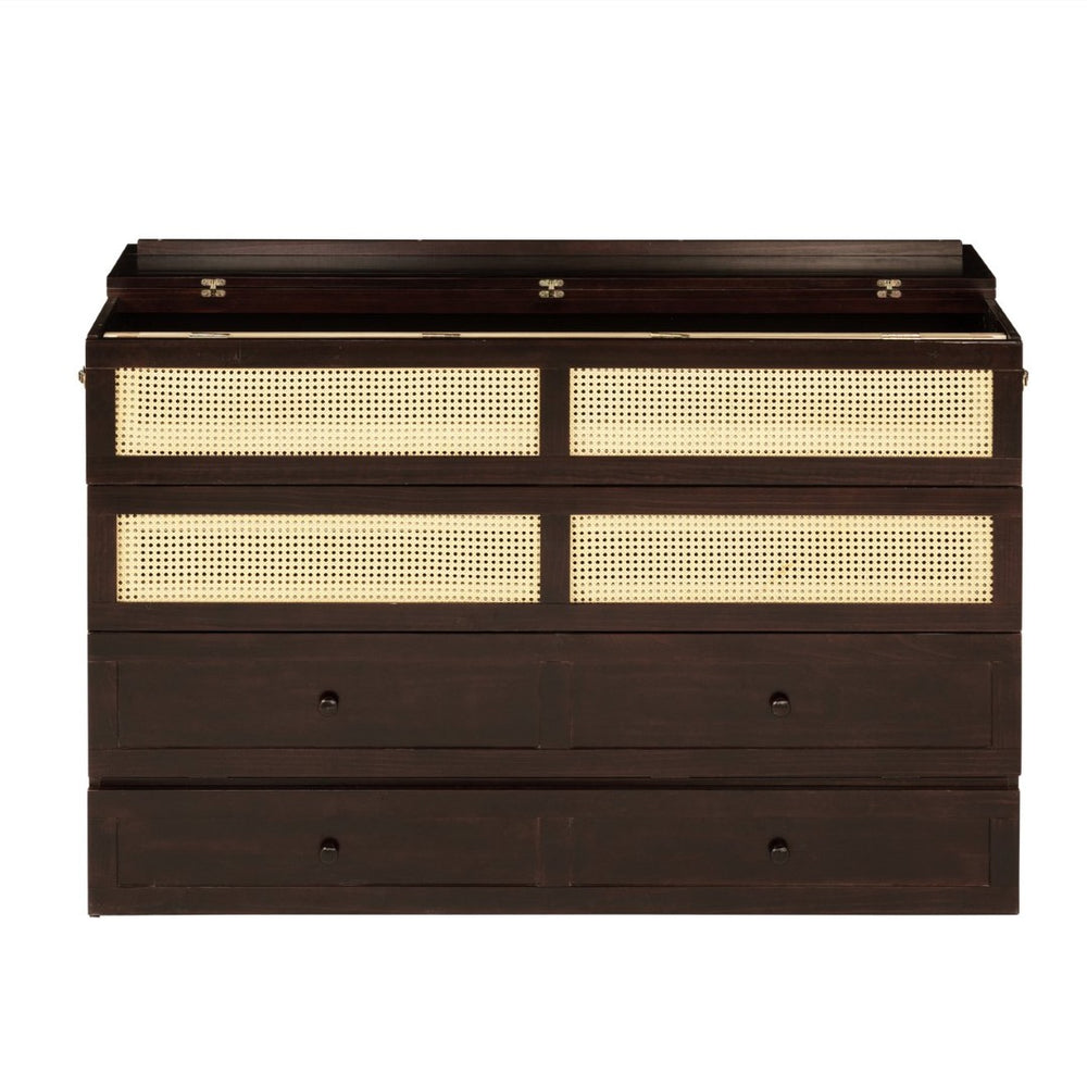 English Elm Queen Size Murphy Bed - Elegant Pine Cabinet With Rattan Accents, Espresso Finish & Storage Drawer W504S00230-GIGA