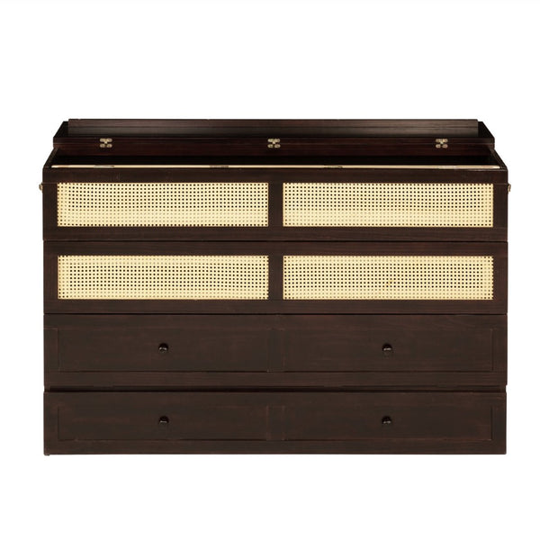 English Elm Queen Size Murphy Bed - Elegant Pine Cabinet With Rattan Accents, Espresso Finish & Storage Drawer W504S00230-GIGA