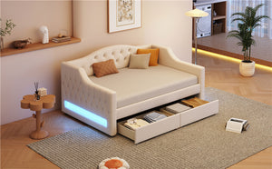 English Elm Upholstered Twin XL Daybed with LED Belt and Two Underbed Drawers, Linen Backrest, Modern Storage Elegance Beige DL002060AAA