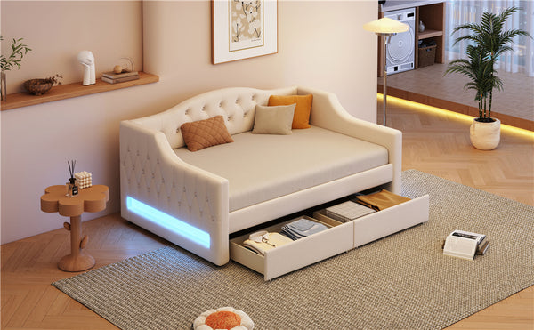 English Elm Upholstered Twin XL Daybed with LED Belt and Two Underbed Drawers, Linen Backrest, Modern Storage Elegance Beige DL002060AAA