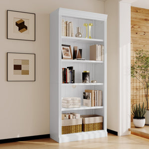 English Elm 83.4" 5-Tier Wood Bookcase White - Tall Modern Storage Shelf with Adjustable Shelves, Cable Hole, 55lb Capacity N751S191961K