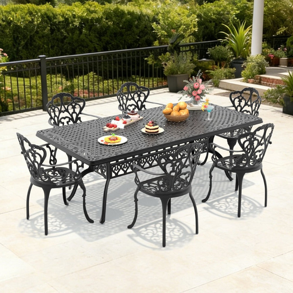 English Elm 7-piece Cast Aluminum Outdoor Dining Set with Ornate Garden Style and Cushioned Seating W1710S00607