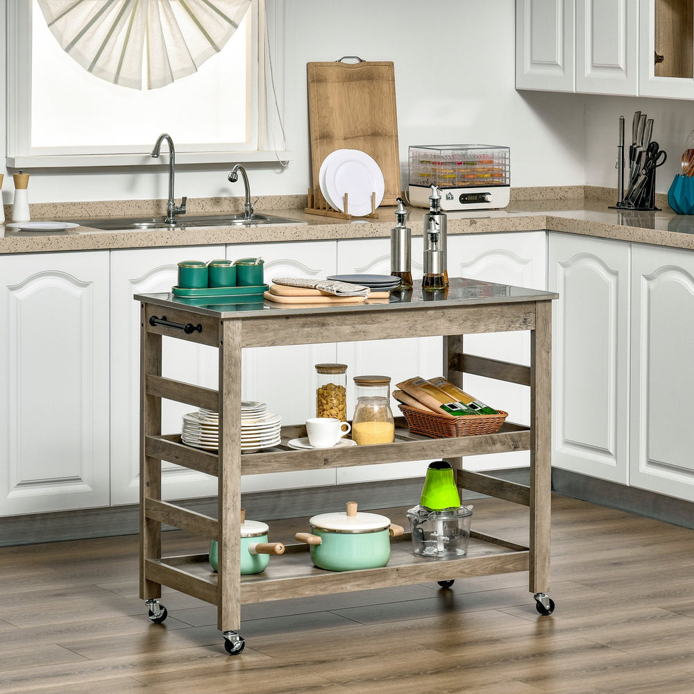 English Elm HOMCOM Mobile Kitchen Cart with Stainless Steel Top, Slotted Middle Shelf, Towel Handles & Wheels W2225P173898