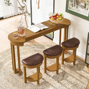 English Elm 4 Piece Bar Table Set with 3 Padded PU Stools, Solid Pine Legs, Oak Veneer Top, Rustic Rivet Accents Natural W1202P289364