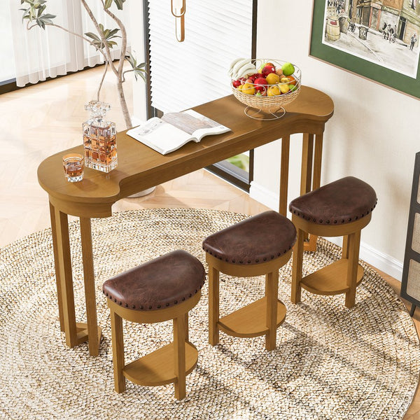 English Elm 4 Piece Bar Table Set with 3 Padded PU Stools, Solid Pine Legs, Oak Veneer Top, Rustic Rivet Accents Natural W1202P289364