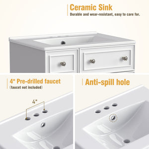English Elm 24-Inch Bathroom Vanity Cabinet with Ceramic Sink, Space-Saving Storage, Solid Wood Feet, Durable Finish White WF532034AAK