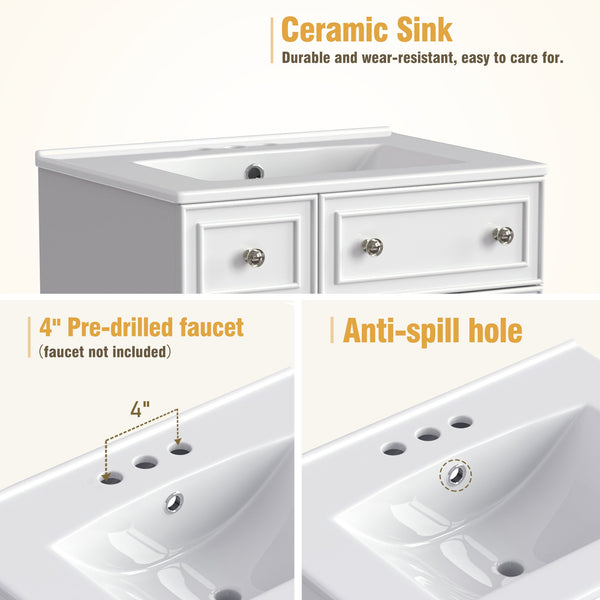 English Elm 24-Inch Bathroom Vanity Cabinet with Ceramic Sink, Space-Saving Storage, Solid Wood Feet, Durable Finish White WF532034AAK