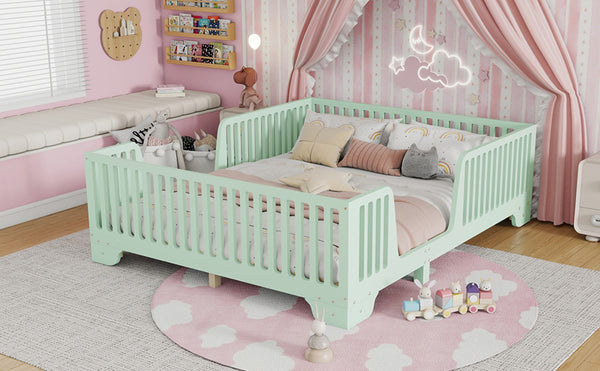English Elm Full Size Montessori Floor Bed with Safety Fence Mdf Frame for Kids Bedroom W2593P381119