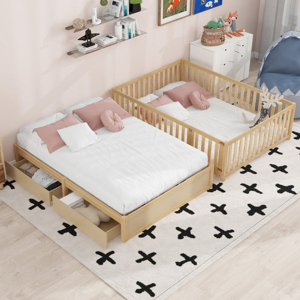 English Elm Full Size Pinewood Kids Daybed with Fence Rails Split Floor Bed and Storage Drawers Natural LP100882AAN