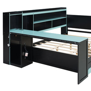 English Elm Queen Gaming Bed Frame with Desk Led Lighting Storage Drawers and Bookcase Headboard Black+Blue LP000290AAC