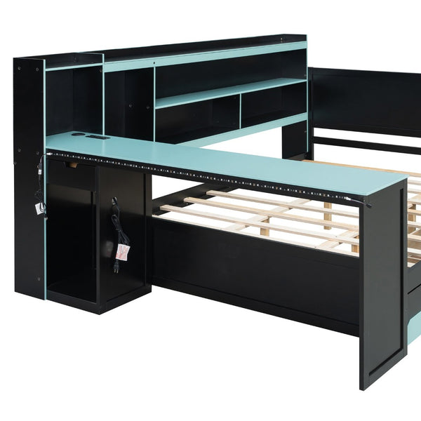 English Elm Queen Gaming Bed Frame with Desk Led Lighting Storage Drawers and Bookcase Headboard Black+Blue LP000290AAC