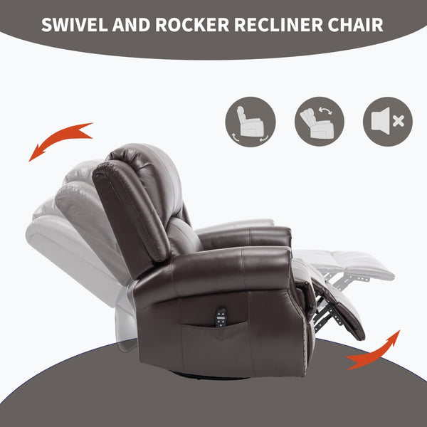 English Elm Heat Massage Rocker Swivel Recliner Chair with Lumbar Relief Nodes for Living Room Brown W3224S00031