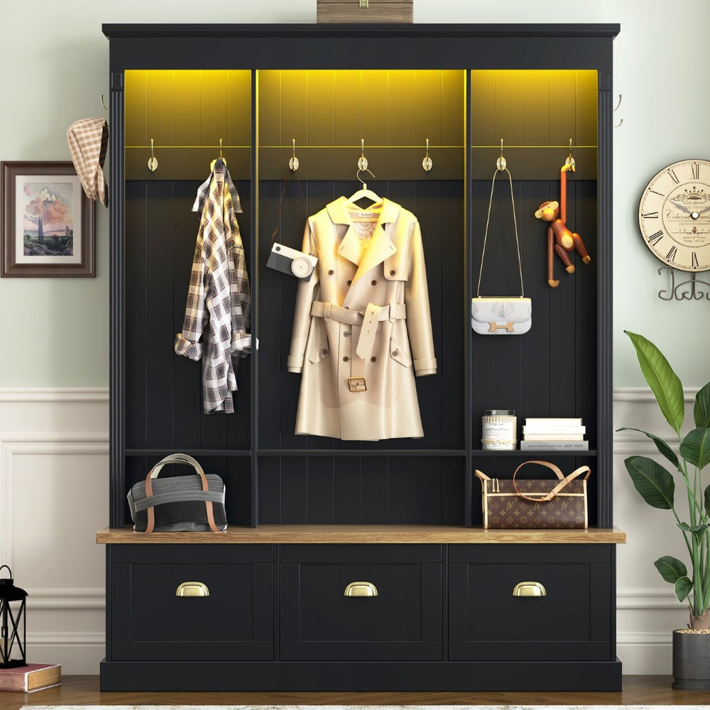 English Elm Farmhouse Hall Tree with Triple Arch Back Panel Eight Hooks Drawers and Entryway Bench Black N721S000062B