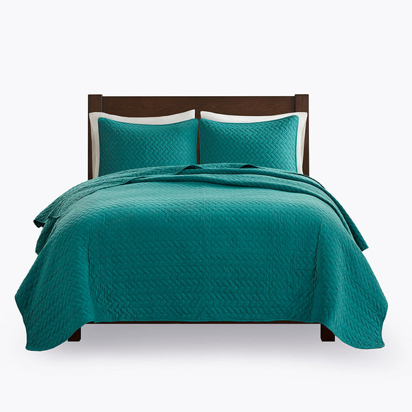 JLA Home Hampton Hill - 3 Oversized Quilted Velvet-Feel Quilt Set with Extra Loft, Herringbone Texture & Machine-Washable Ease Peacock JLA13-500