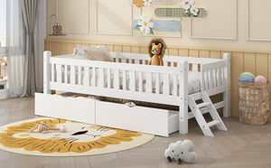 English Elm Wood Twin Platform Bed with Guardrail, Solid Pine Construction, 2 Underbed Drawers for Storage and Playroom Space White N709P242145K