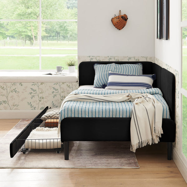 English Elm Twin Velvet Upholstered Platform Bed with 2 Underbed Drawers, Adjustable Sofa Bed, Modern Black Design W1413P298910