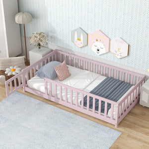 English Elm Twin Solid Rubberwood Floor Bed with Full Perimeter Safety Rails for Toddler Rooms Pink W504P296782