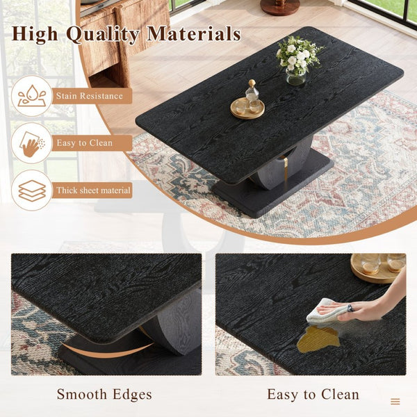 English Elm Black Wood Grain Mdf Dining Table Set Seats Six with Pu Leather Stripe Chairs W1151S04428