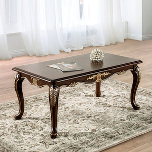 English Elm Rich Solid Wood Coffee Table 48"W x 27.5"D Classic Tobacco Finish Carved Cabriole Legs Gold Accents Elegant Design B2741P361145