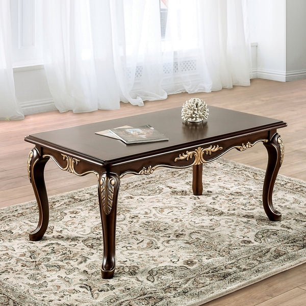 English Elm Rich Solid Wood Coffee Table 48"W x 27.5"D Classic Tobacco Finish Carved Cabriole Legs Gold Accents Elegant Design B2741P361145