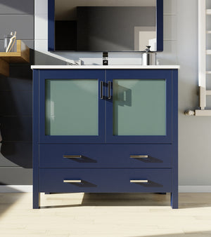 English Elm Navy Blue Bath Vanity Set With White Ceramic Top, Chrome Faucet & Matching 34" Mirror For Style Upgrade B2731S01290