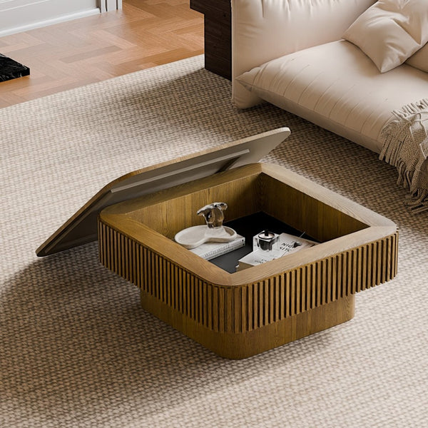 English Elm 31.5'' Square Wood Veneer Flip Top Storage Coffee Table with Slat Detail for Living Rooms Brown W1435P375248