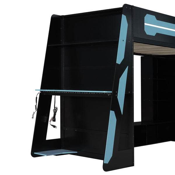 English Elm Twin Gaming Loft Bed with Desk Rgb Lighting and Multi-tier Shelves for Teen Rooms Blue LT000160AAC