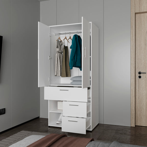 English Elm Care Free Multi-Storage Wardrobe with Rod, Drawers & Open Shelves — Compact White Bedroom Organizer B128S00178
