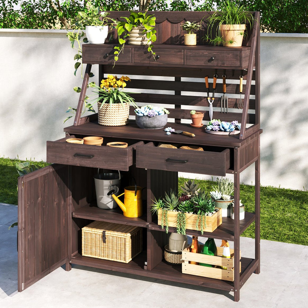 English Elm Christopher Knight Home® - Brown Fir Wood Potting Bench with 5 Drawers, Slatted Back & Cabinet — Ergonomic 35.5" Workstation for Garden Use N769P282380B