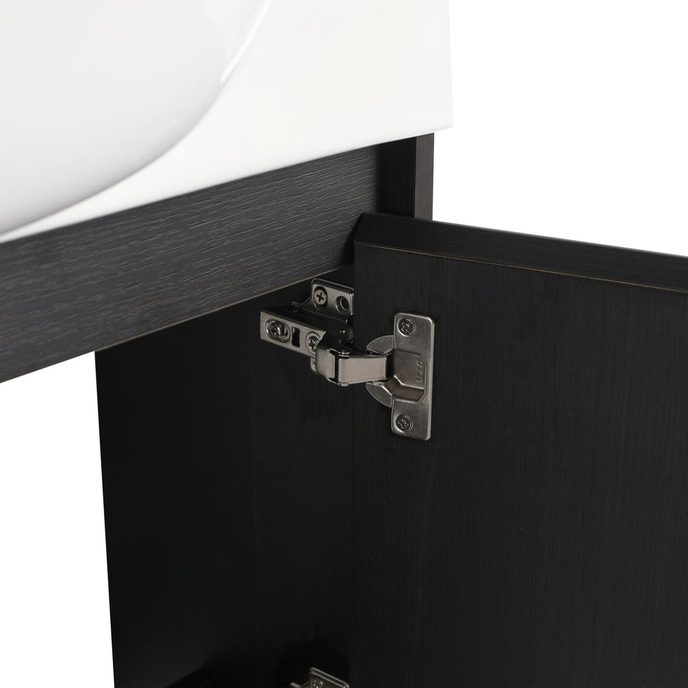 English Elm 26'' Wall-Mounted Bathroom Vanity with Glossy White Ceramic Sink, Soft-Close Door & Waterproof Finish Dark Oak W999P310759