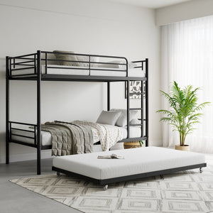 English Elm Twin Twin Bunk Bed with Trundle, Metal Frame Twin-Over-Twin Space-Saving Bunkbeds w/ Ladder & Guardrail W840P196829