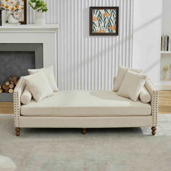 English Elm 75.2'' Chenille Upholstered Daybed Chaise with Nailhead Trim and Rubberwood Legs Beige W3188S00056