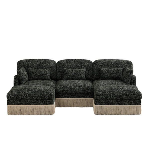English Elm 100"comfy Chenille Leopard Print U-shaped Sectional with Tassel Trim and Modular Ottomans Green W5656S00033