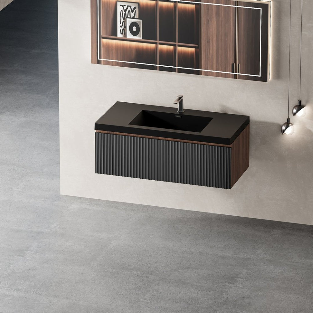 English Elm 36'' Floating Vanity Fluted Front Smoked Walnut Soft Close Drawer Quartz Basin W1920P385438