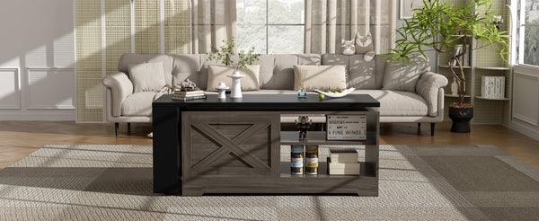 English Elm U-can Farmhouse Lift Top Coffee Table Barn Door Hidden Storage Living Room Brown+Black N724P351732E