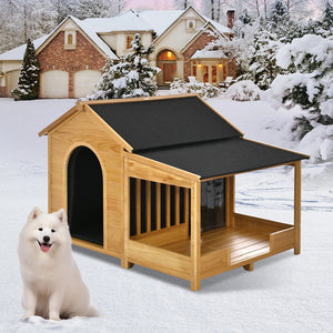 English Elm 60.2" Insulated Outdoor Dog House with Porch & Asphalt Roof, Elevated Pine Kennel for Dogs up to 120 lbs N704G201612A
