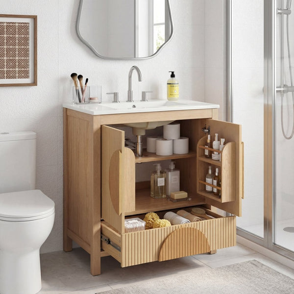 English Elm 30 Inch Fluted Freestanding Bathroom Vanity Solid Wood Soft Close Spa Style W5278S00004