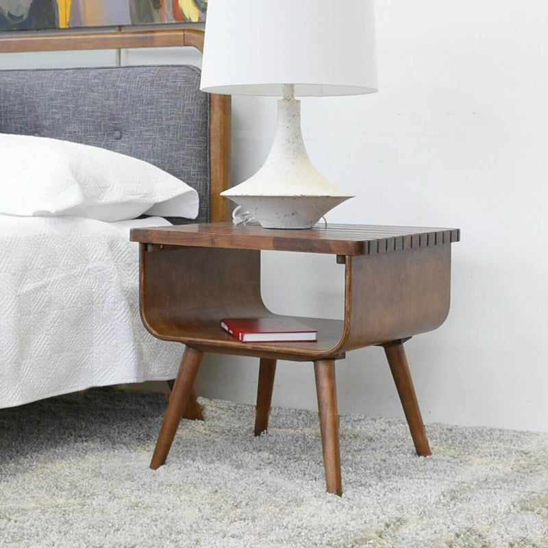 English Elm Ashcroft Furniture - Alice Mid-Century Solid Wood End Table with Slatted Shelf, Brown Finish, Angled Legs, 21x12x24﻿ B183P201768