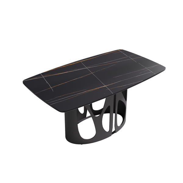 English Elm 63" Modern Artificial Stone Dining Table With Curved Edges - Seats 6, Durable Black Iron Legs W1535S00433