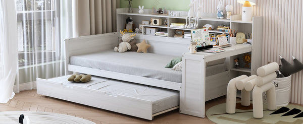 English Elm Wooden Twin Daybed with Trundle, Built-In Desk and Side Storage Shelves for Space-Saving Living Antique White 54.4 L x 18 W x 5.6 H N733S242275K