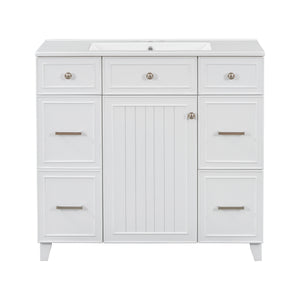 English Elm 36" 36-inch Transitional Bathroom Vanity with Ceramic Basin, Solid Wood Frame, Soft-Close Storage Elegance White N729P255663K