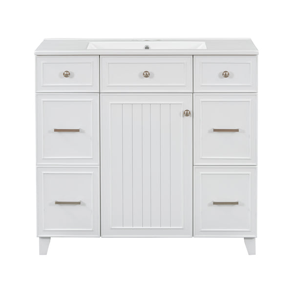 English Elm 36" 36-inch Transitional Bathroom Vanity with Ceramic Basin, Solid Wood Frame, Soft-Close Storage Elegance White N729P255663K