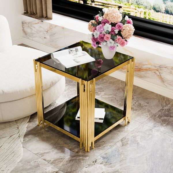 English Elm Modern Round Mirrored Glass End Table with Gold Metal Frame and Lower Display Shelf Black N735P380093B